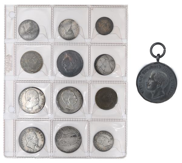 Lotto di 12 monete in argento e bronzo del Regno d'Italia ed estere: 1 Lira Stemma 1863 M e T; 1886 R, 1887 M; 50 cts Valore 1863 M, 5 cts 1943 (2) e 1 medaglia Regno d'Italia Vittorio Emanuele III al Merito degli Asili Infantili Israelitici di Roma