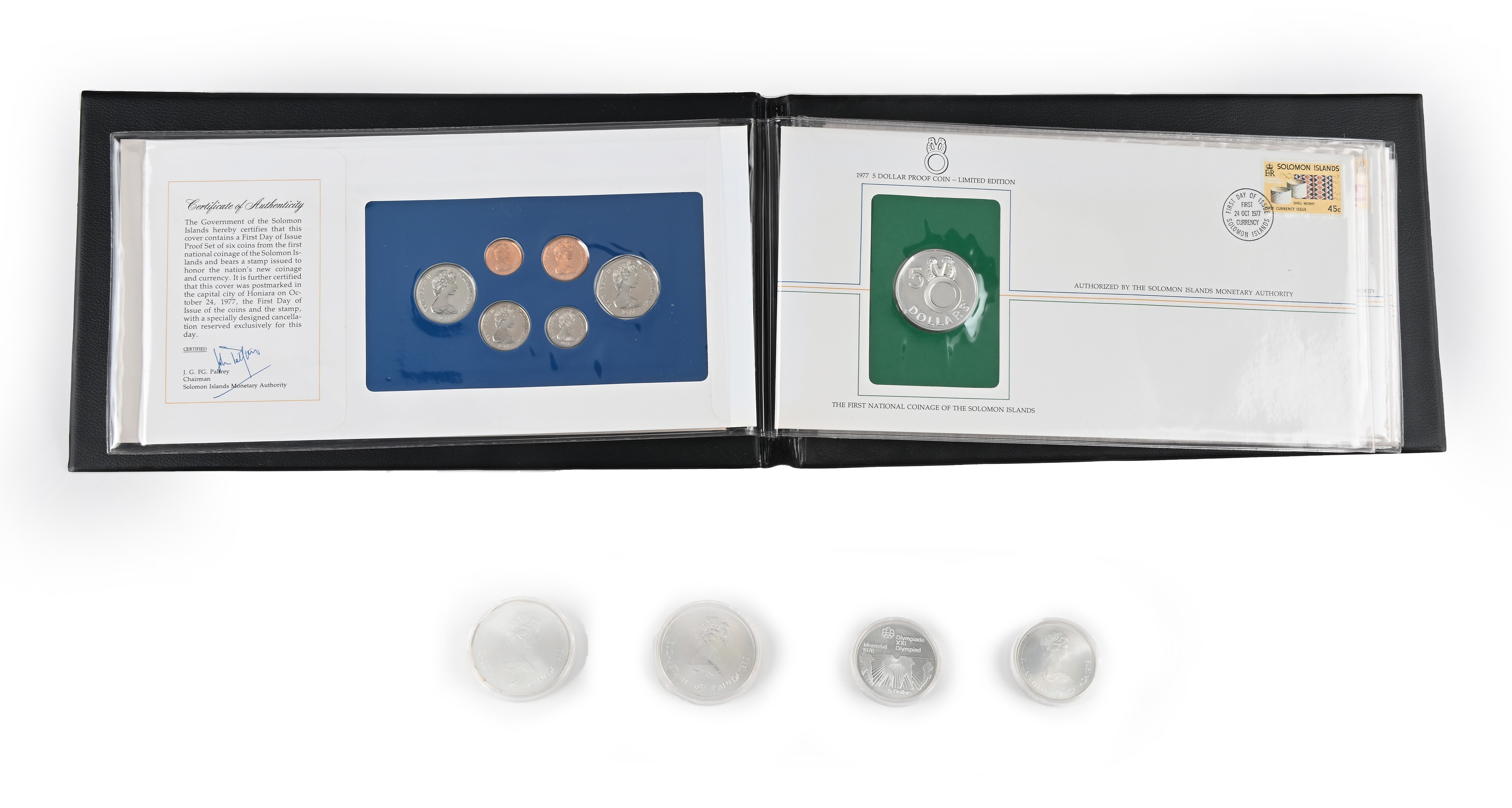 Lotto di Monete Proof e Cartamoneta First Issue 1977 Salomon Islands; 2 Pezzi da 10 Dollari e 2 P...