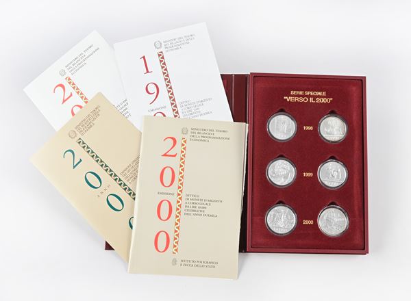 Serie speciale di monete "Verso il 2000": dittico 2.000 Lire del 1998, dittico 5.000 Lire del 1999 e dittico 10.000 Lire del 2000 Repubblica Italiana