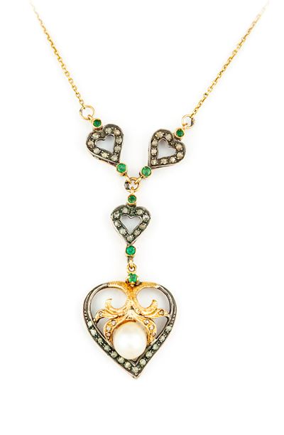 Pendente a Cuore in Oro, Argento Diamanti e Perla