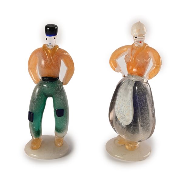 Coppia di sculture in vetro raffiguranti figure in abiti tradizionali olandesi produzione Venini