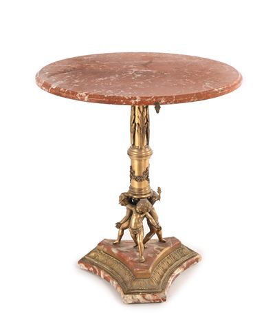 Tavolinetto in bronzo con piano circolare in marmo rosso, cm 61x60