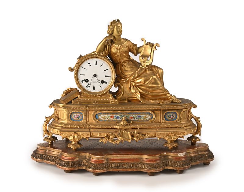 Orologio da Camino in Bronzo Dorato e Smalti, Francia, XIX Secolo