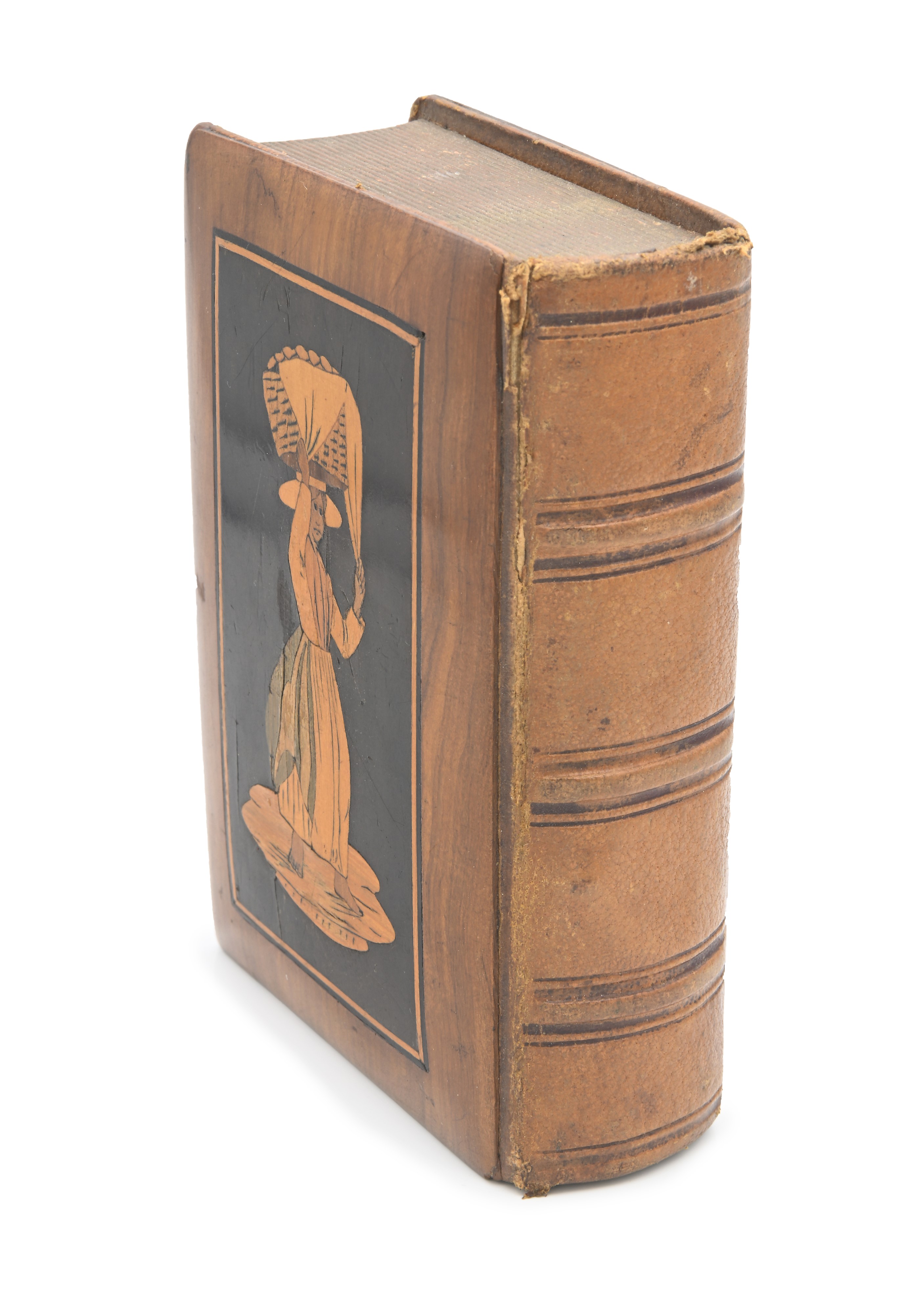 Scatola Sorrentina a Forma di Libro in Legno Intarsiato e Pelle, con All'interno un Piccolo Scrit...