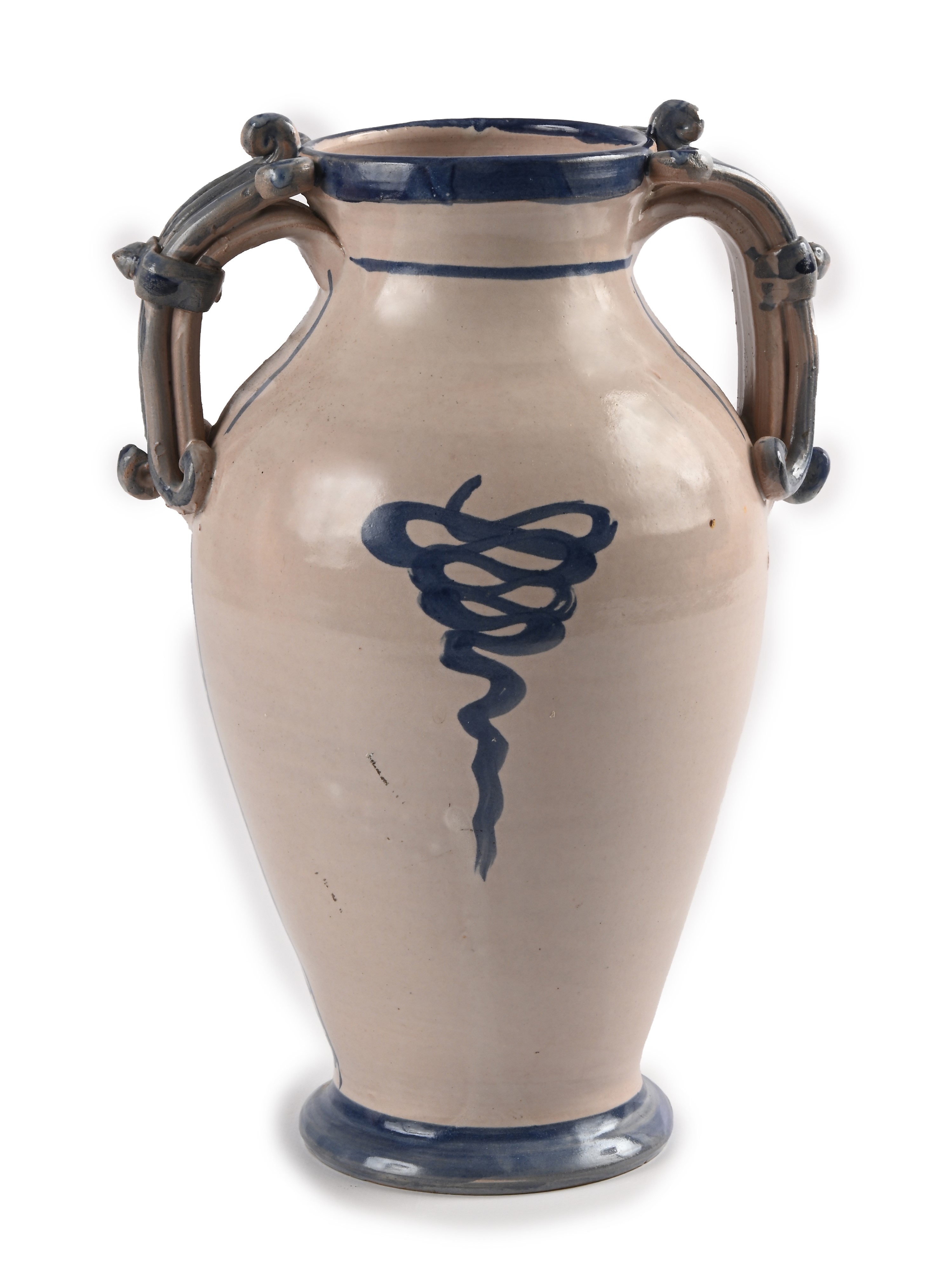 Vaso biansato in ceramica policroma, XX secolo