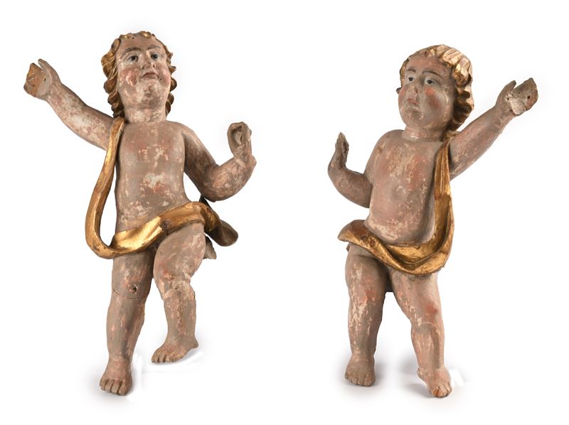 Coppia di Angeli Speculari in Legno Dipinto e Dorato, XVIII/XIX Secolo