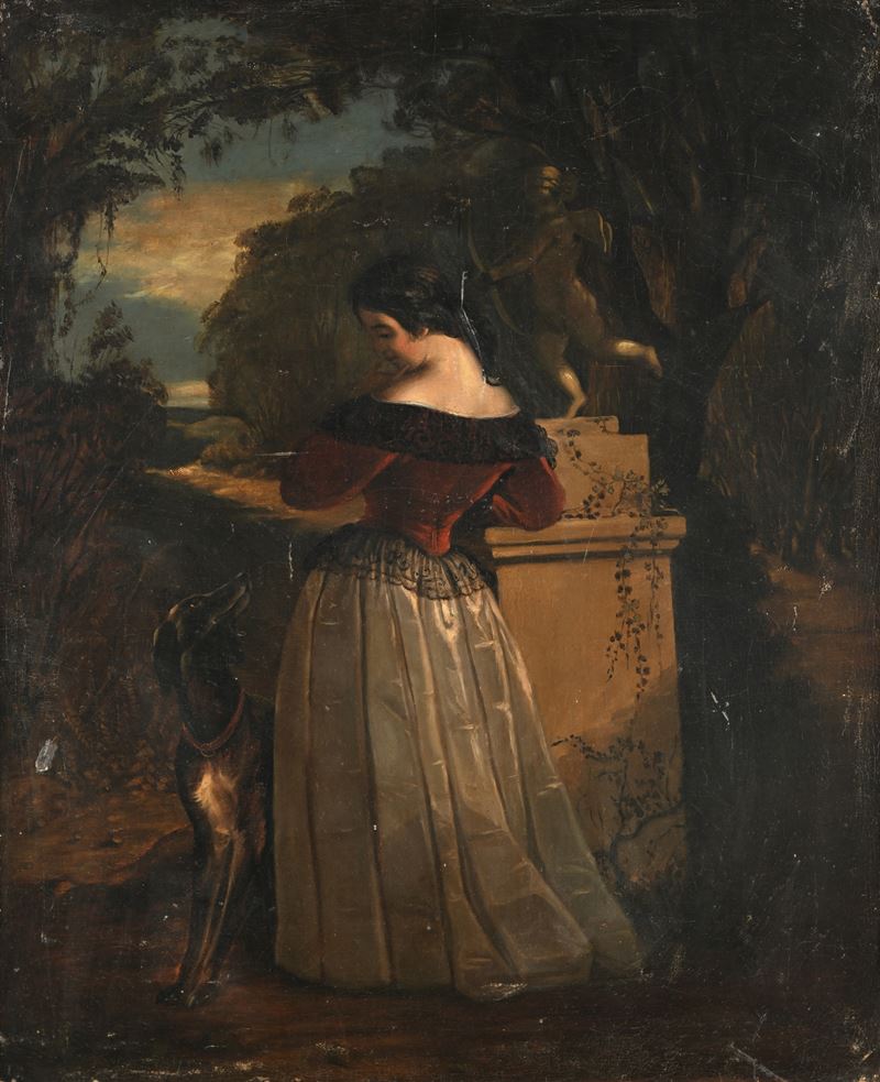 Scuola Francese Fine XVIII/inizio XIX Secolo - Dama con Cane