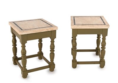 Coppia di Tavolini Bassi in Legno Dipinto Grigio-verde con Piano in Travertino