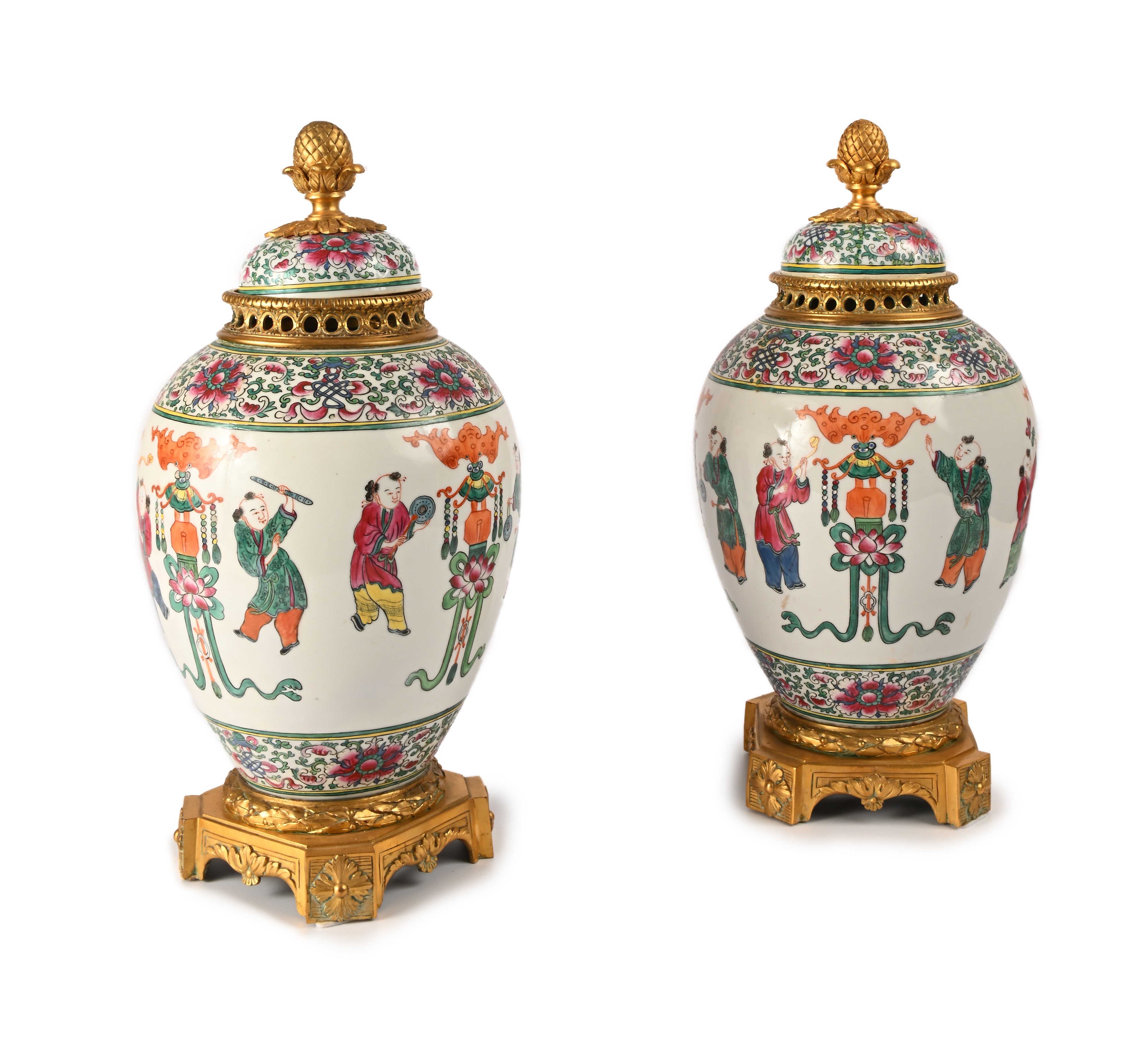 Coppia di Potiches in Porcellana e Bronzo Dorato, Canton, XIX Secolo