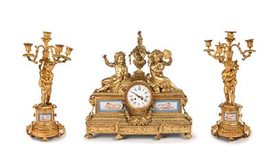 Grande Trittico da Camino in Bronzo Dorato con Placche in Porcellana di Sevrès, Francia, XIX Seco...