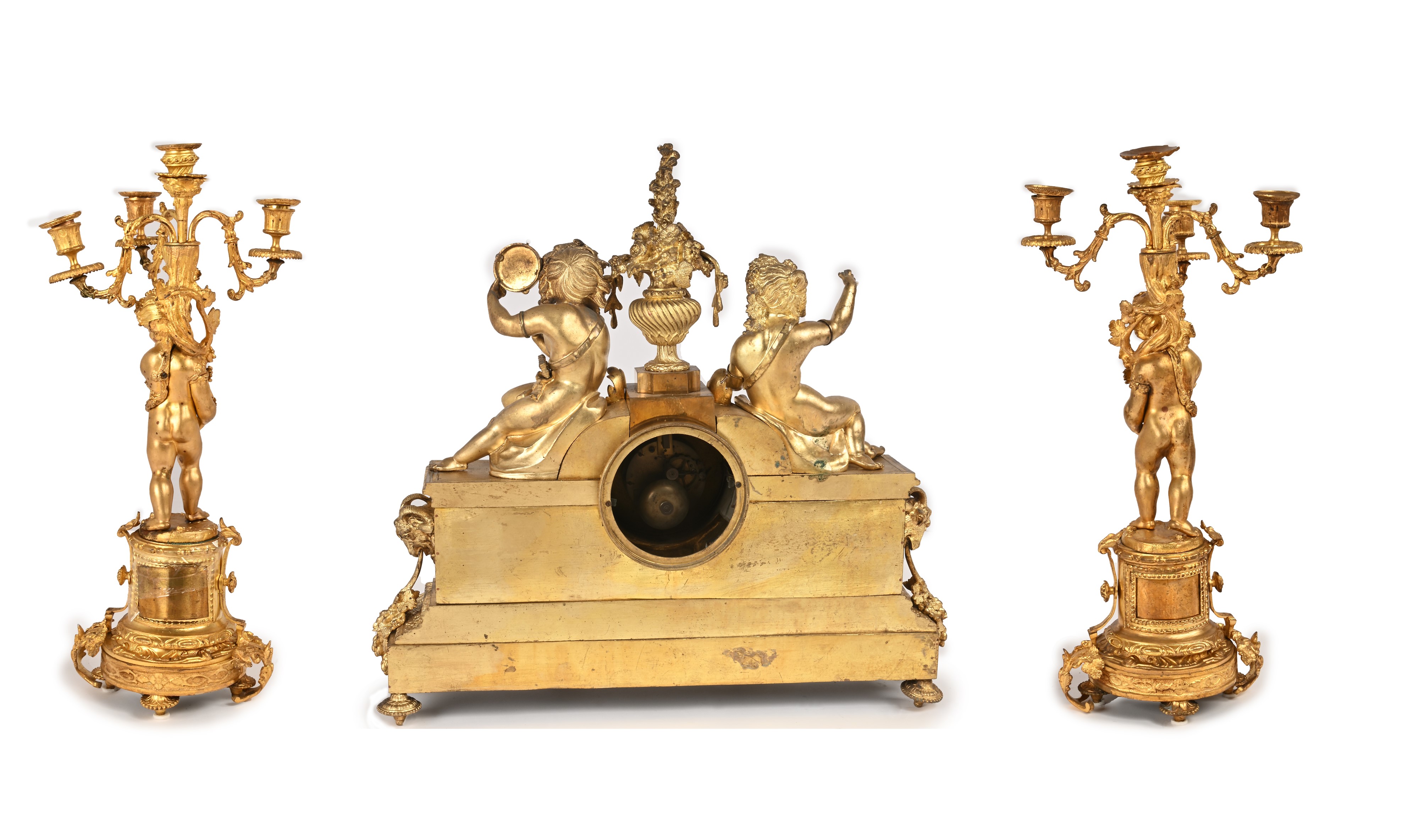 Grande Trittico da Camino in Bronzo Dorato con Placche in Porcellana di Sevrès, Francia, XIX Seco...