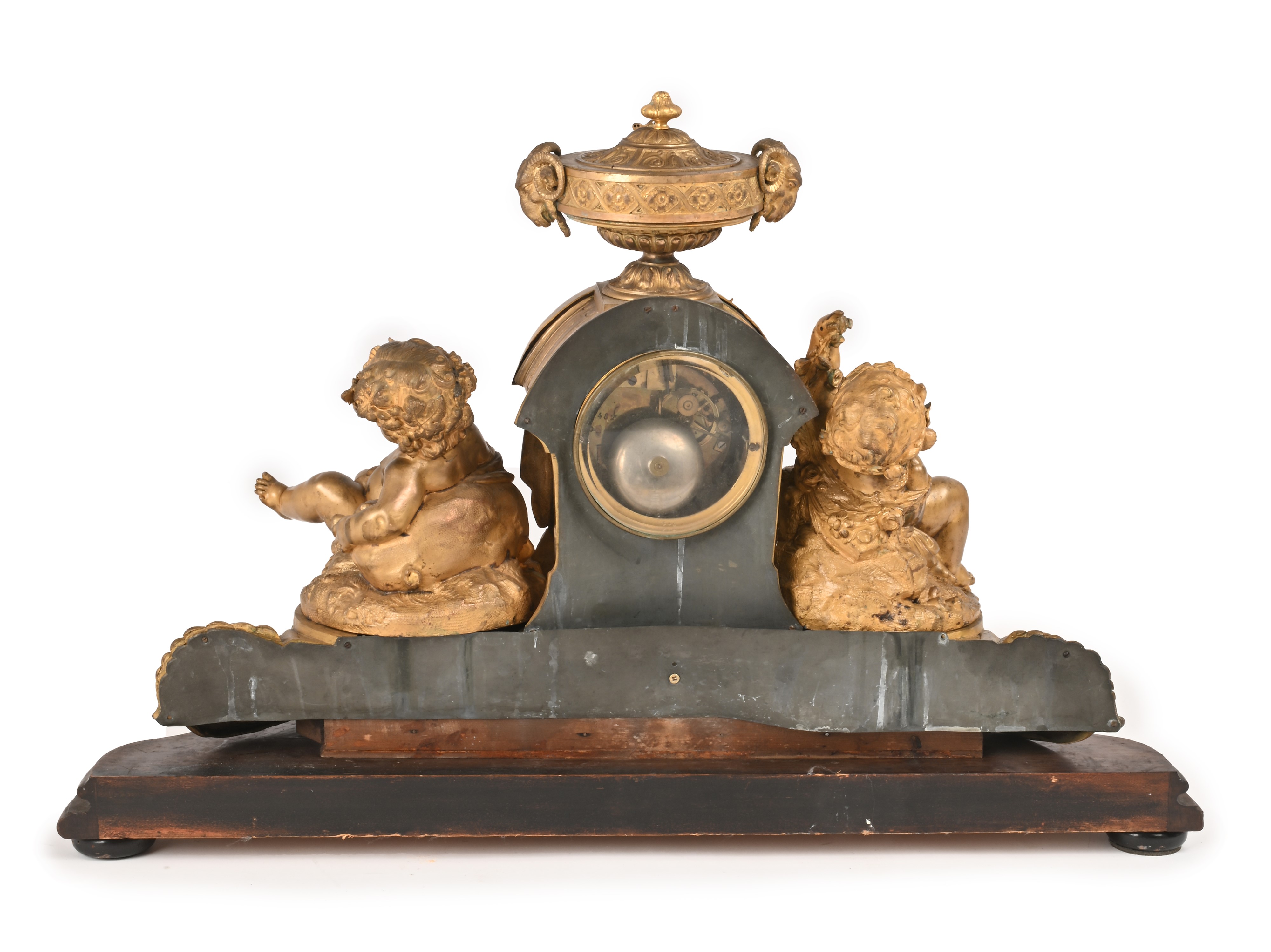 Orologio in Metallo Dorato con Base in Legno, Seconda Metà del XIX Secolo
