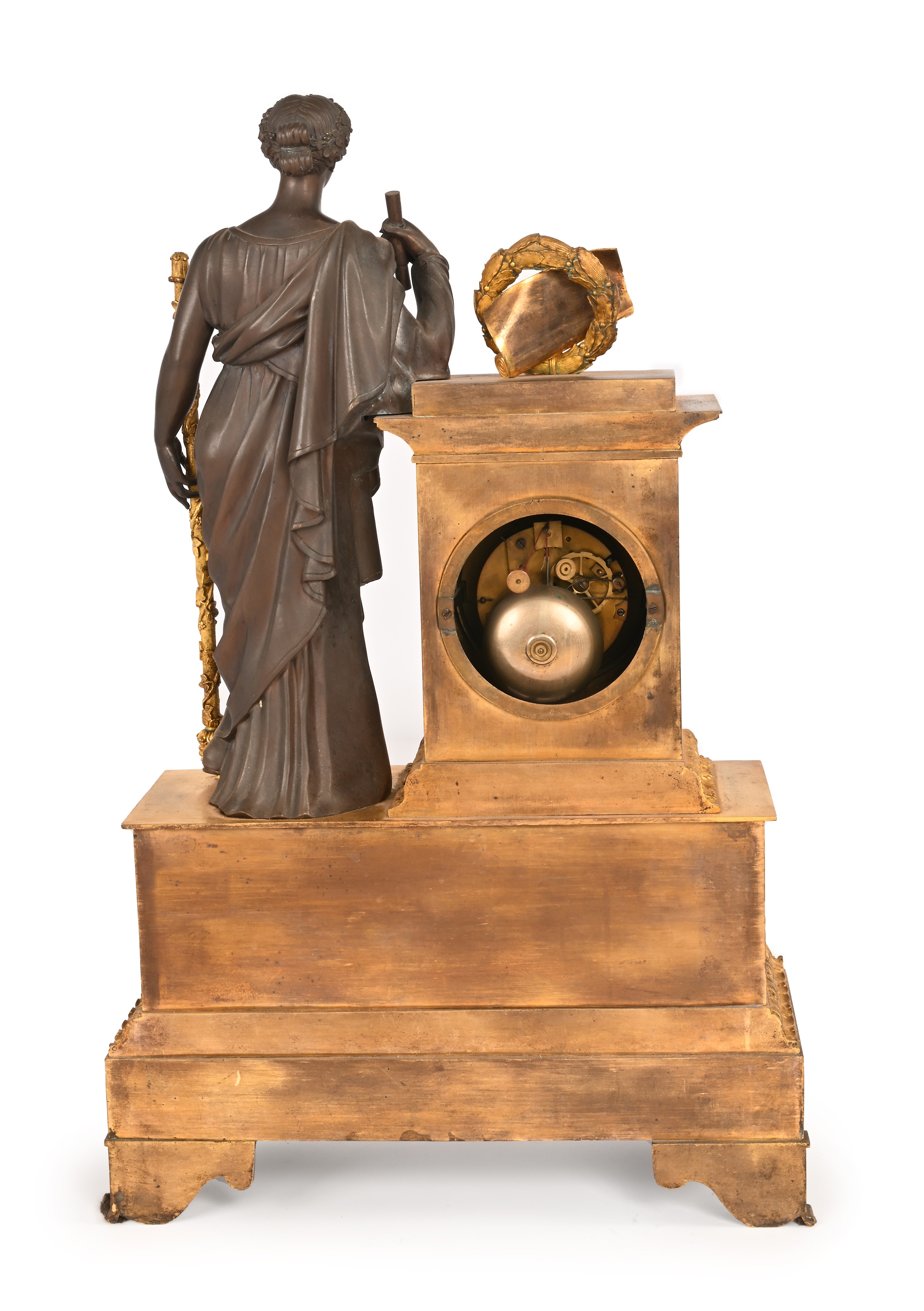 Grande Pendola Impero in Bronzo Dorato con Figura Brunita
