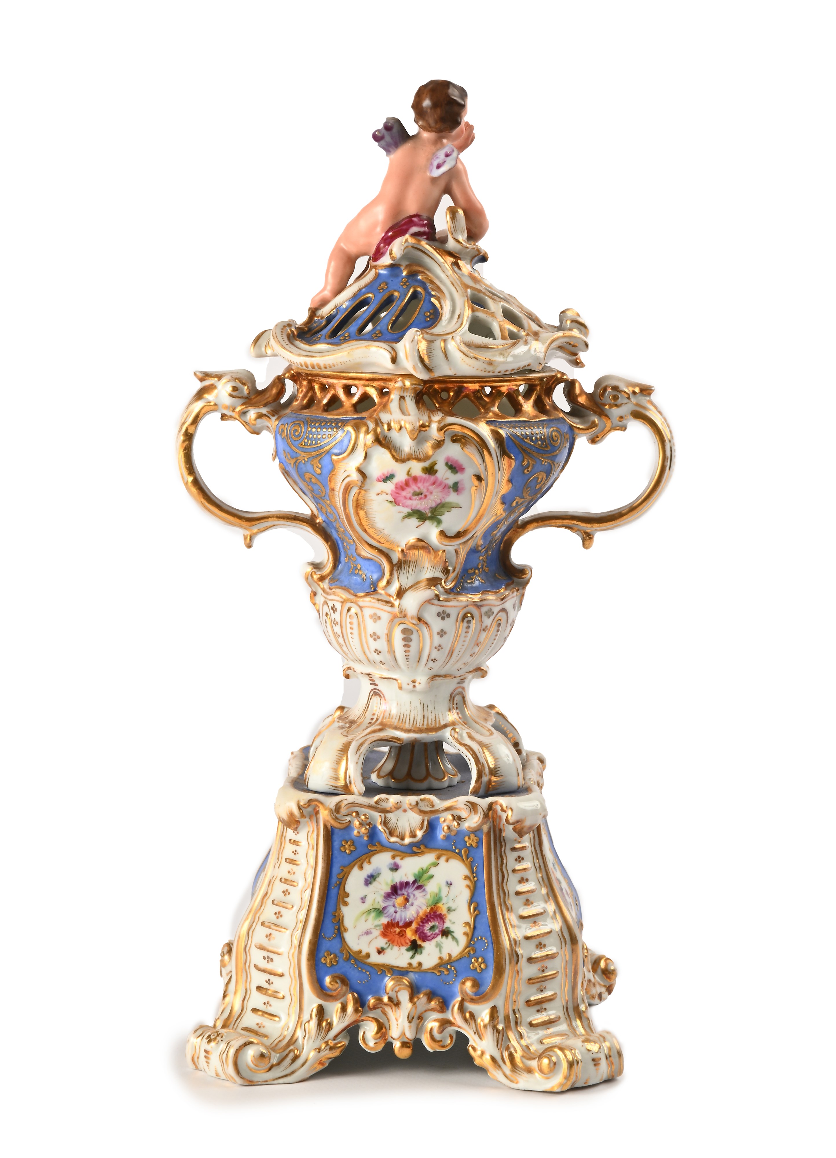 Vaso Biansato con Coperchio in Porcellana Policroma e Dorata D'epoca Luigi Filippo, Francia