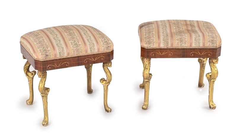 Coppia di Sgabelli in Legno Intarsiato, Napoli, XIX Secolo