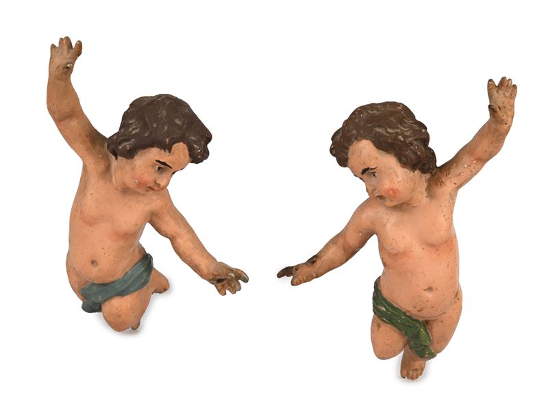Coppia di Angeli Svolazzanti in Terracotta, XVII Secolo