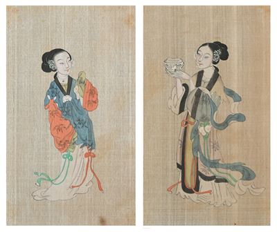 Coppia di Dipinti a Tempera su Seta Raffiguranti la Divinità Orientale Magu, Cina per L'esportazi...