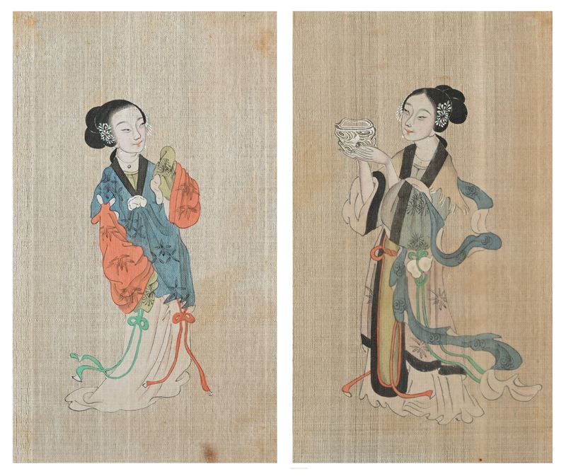 Coppia di Dipinti a Tempera su Seta Raffiguranti la Divinità Orientale Magu, Cina per L'esportazi...