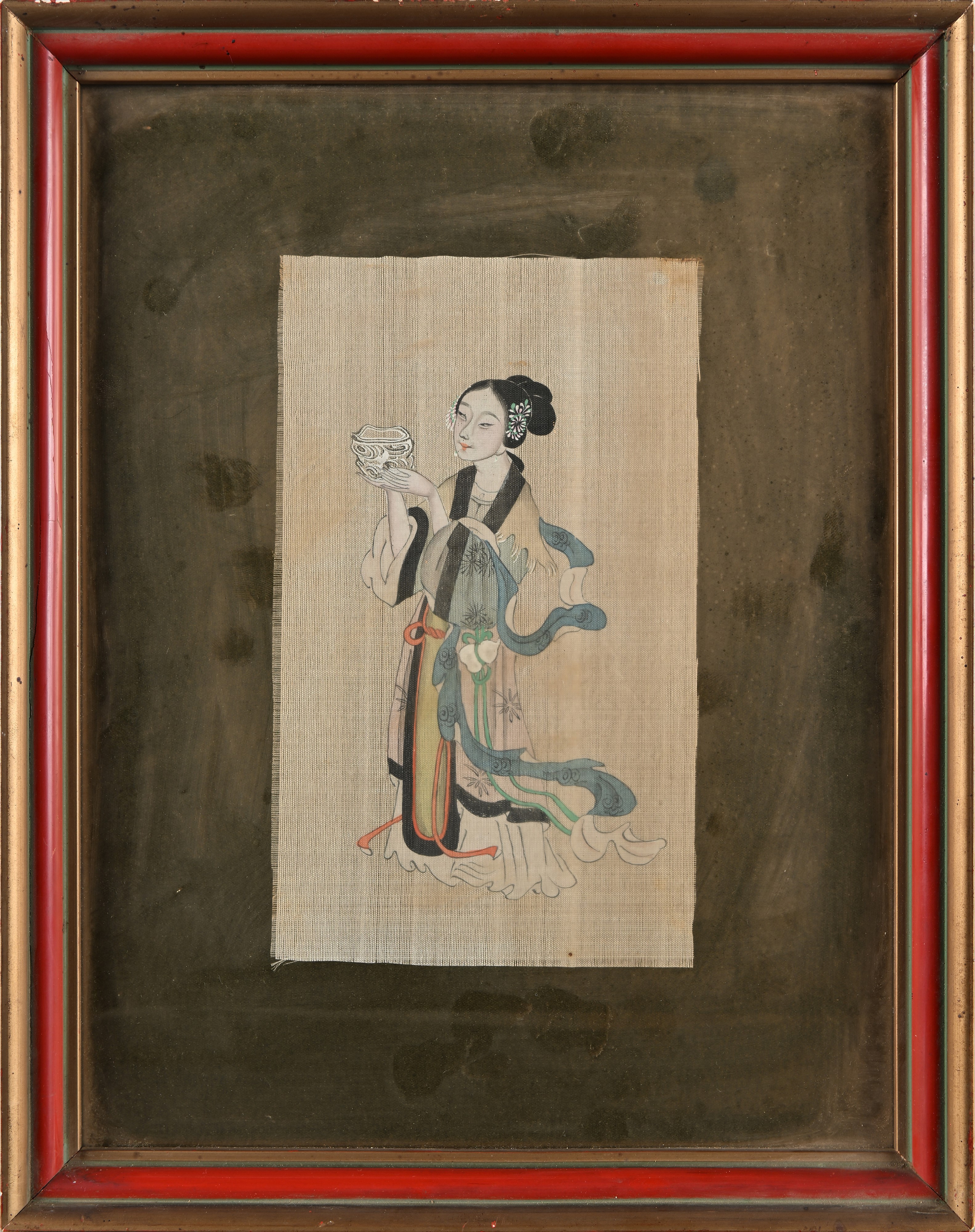Coppia di Dipinti a Tempera su Seta Raffiguranti la Divinità Orientale Magu, Cina per L'esportazi...