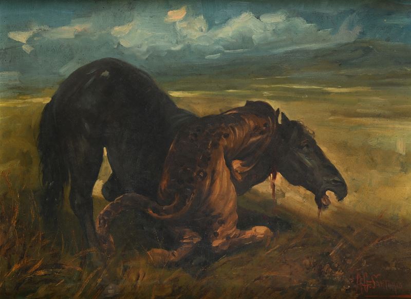 Tigre che azzanna un cavallo