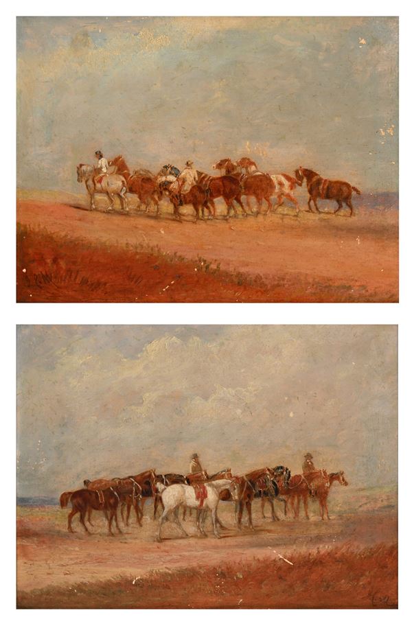 Coppia di dipinti raffiguranti mandriani che conducono cavalli