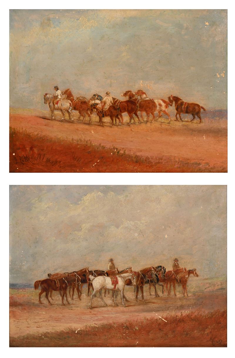 Coppia di dipinti raffiguranti cavalli e cavalieri