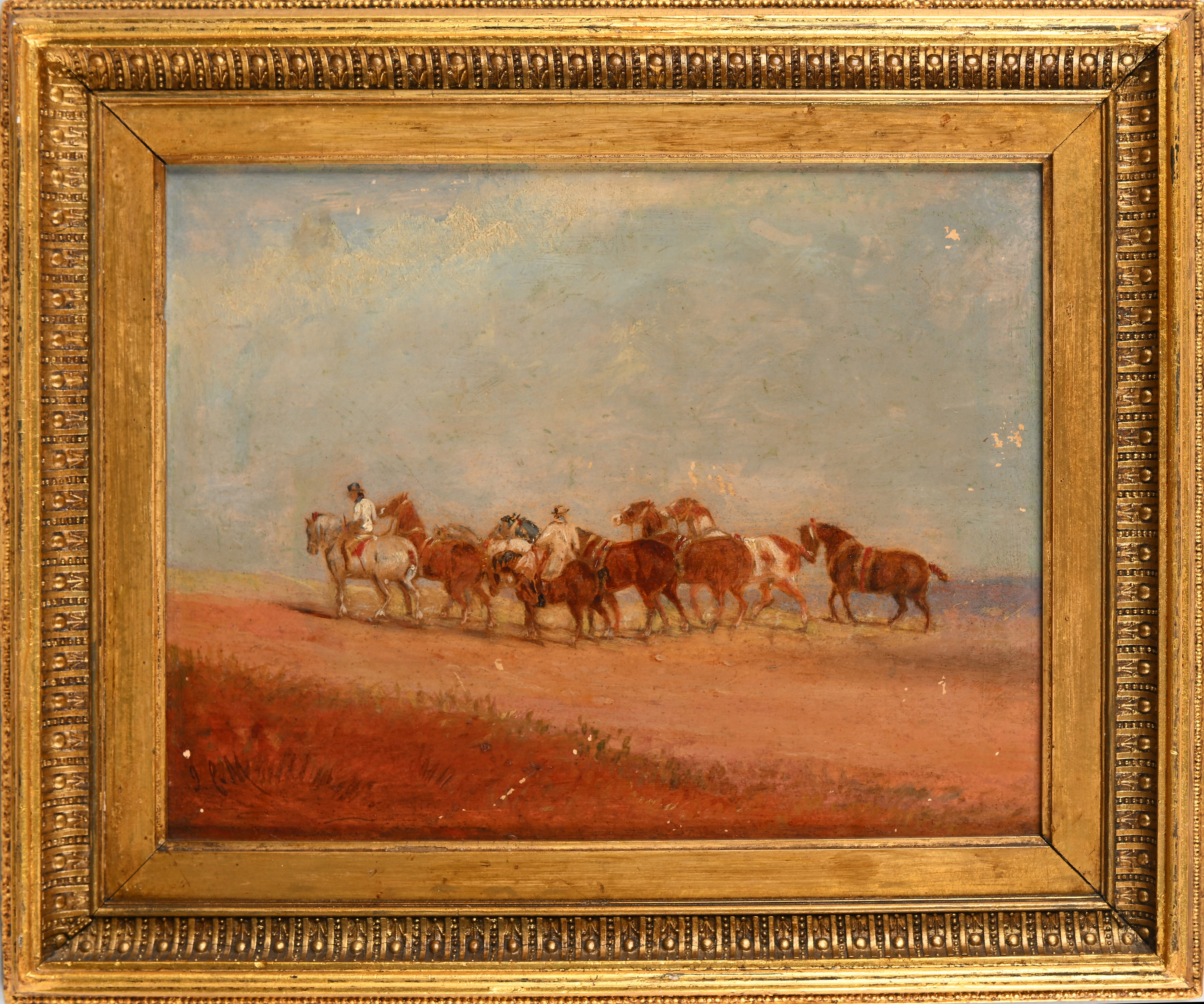 Coppia di dipinti raffiguranti cavalli e cavalieri