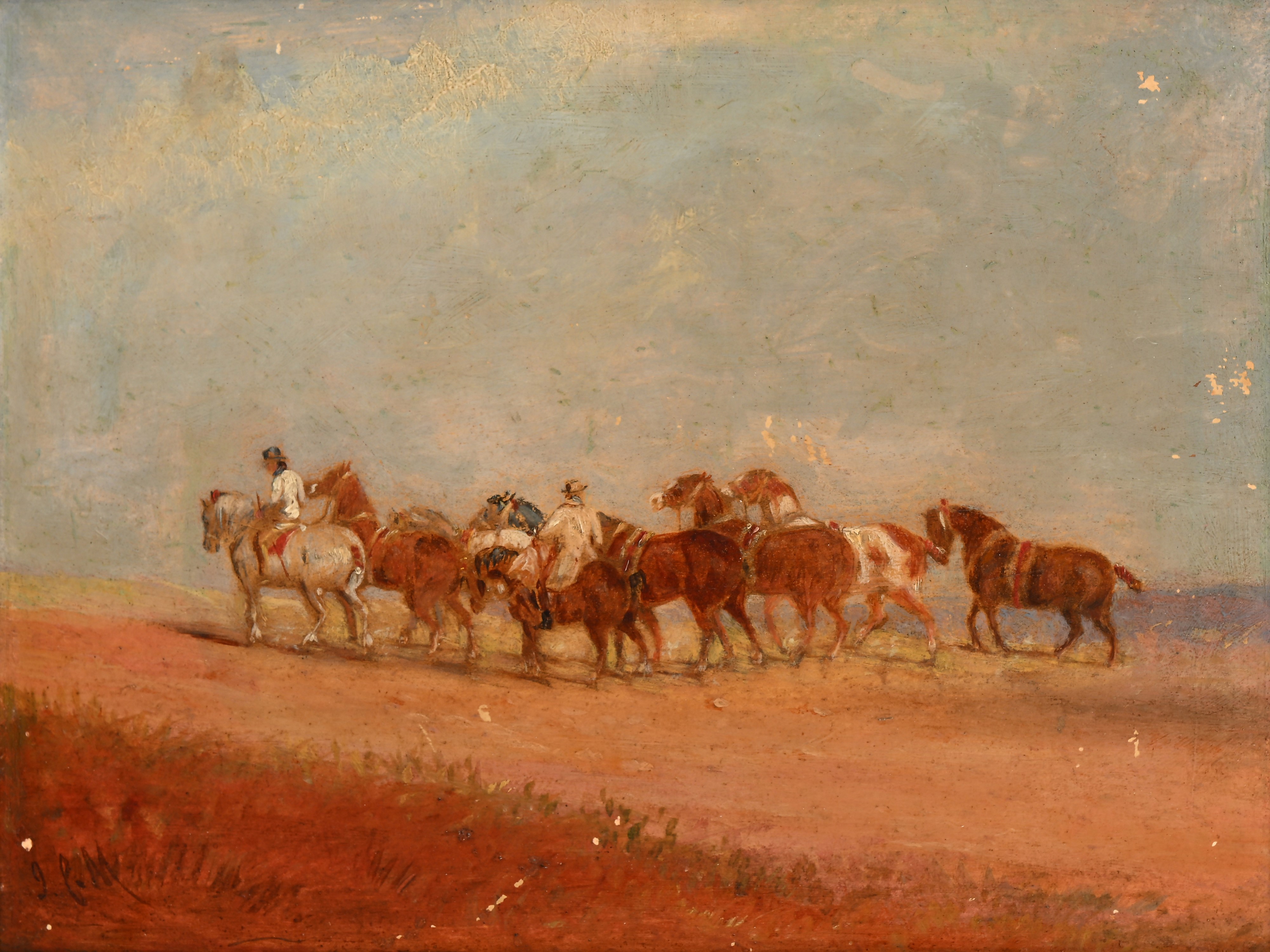 Coppia di dipinti raffiguranti cavalli e cavalieri