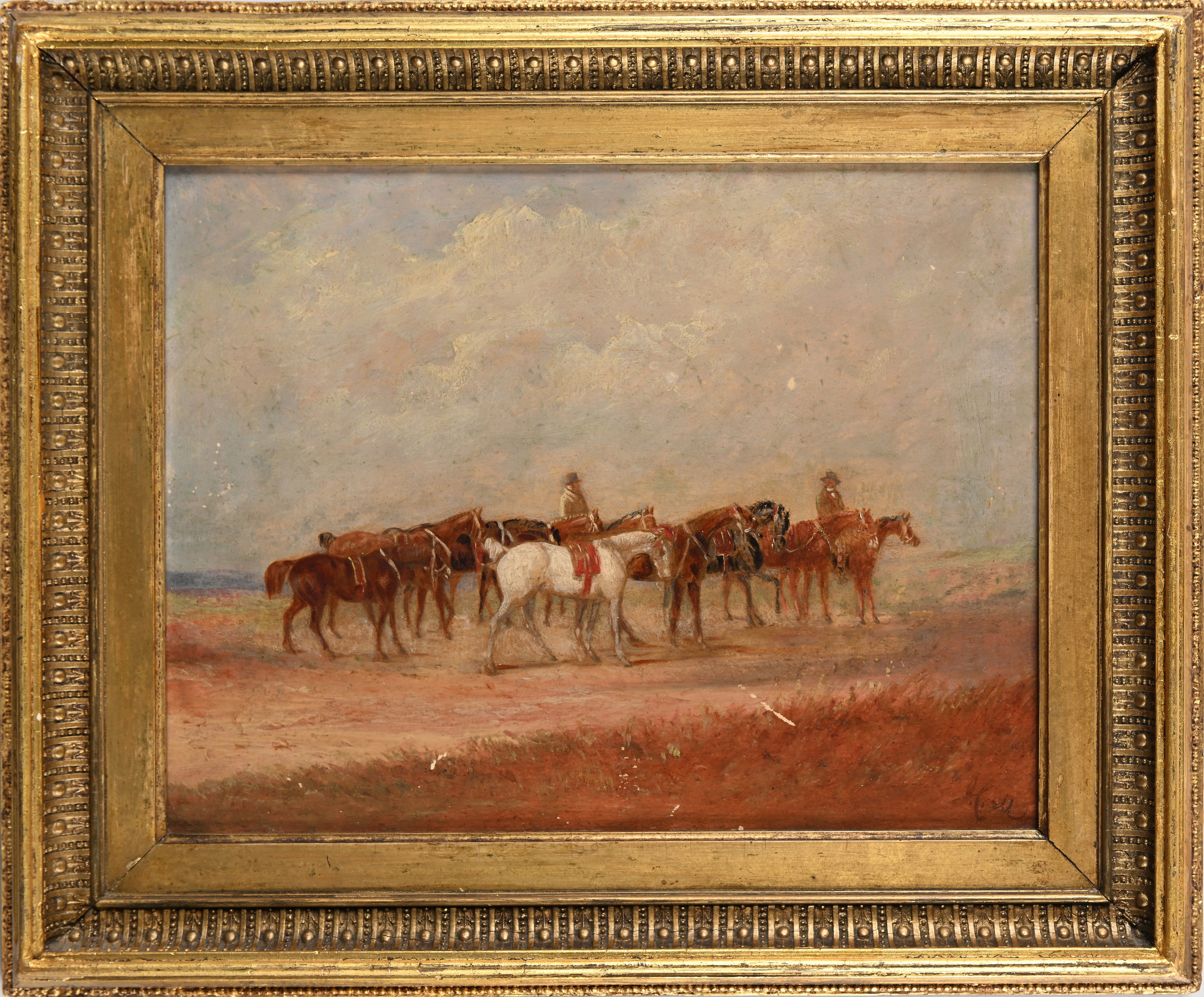 Coppia di dipinti raffiguranti cavalli e cavalieri