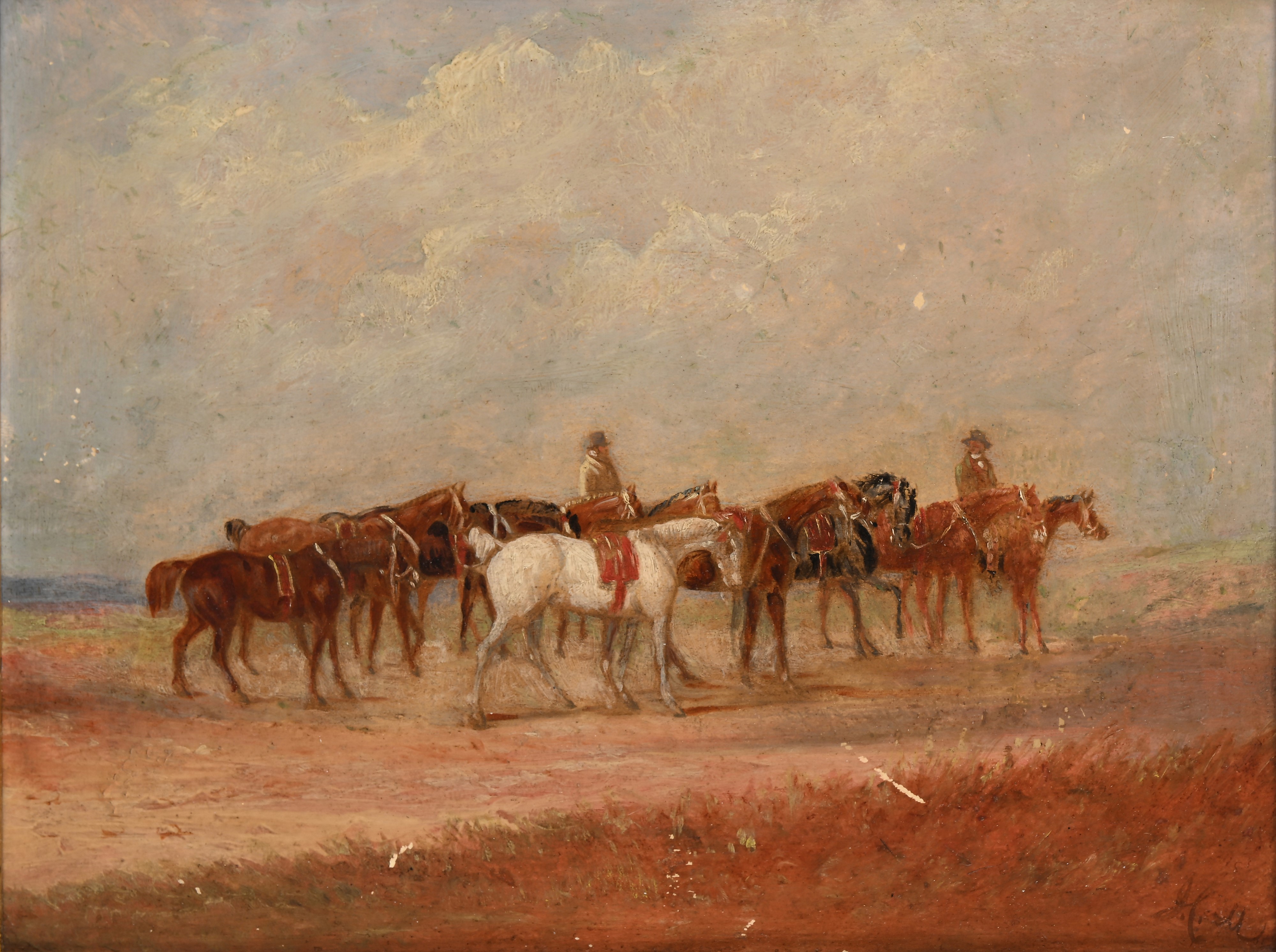 Coppia di dipinti raffiguranti cavalli e cavalieri