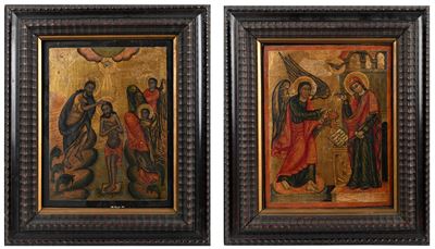 A) Battesimo di Cristo B) Annunciazione Coppia di Oli su Tavola su Sfondo Oro