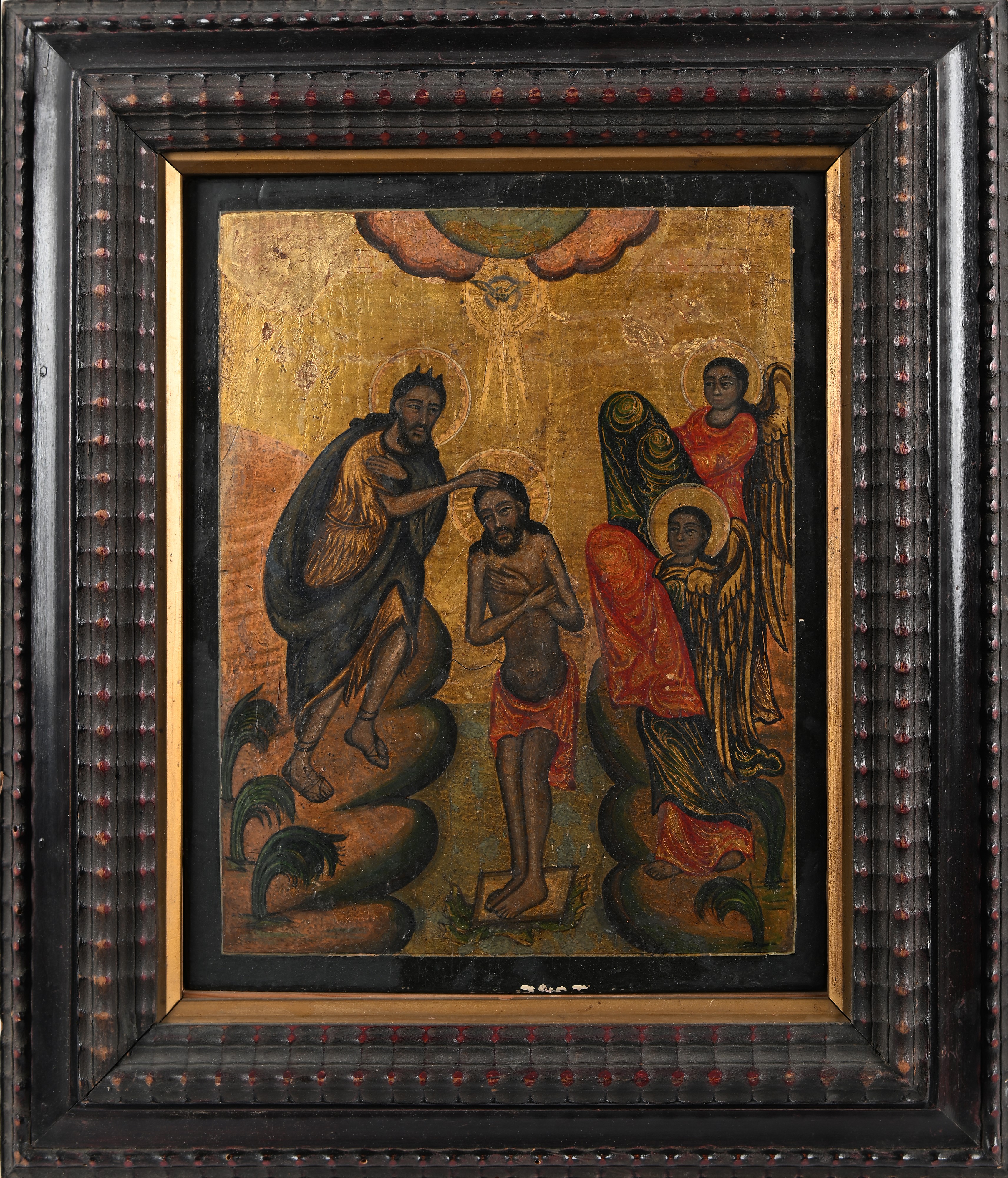 Scuola Bizantina del XVIII Secolo - A) Battesimo di Cristo B) Annunciazione Coppia di Oli su Tavo...
