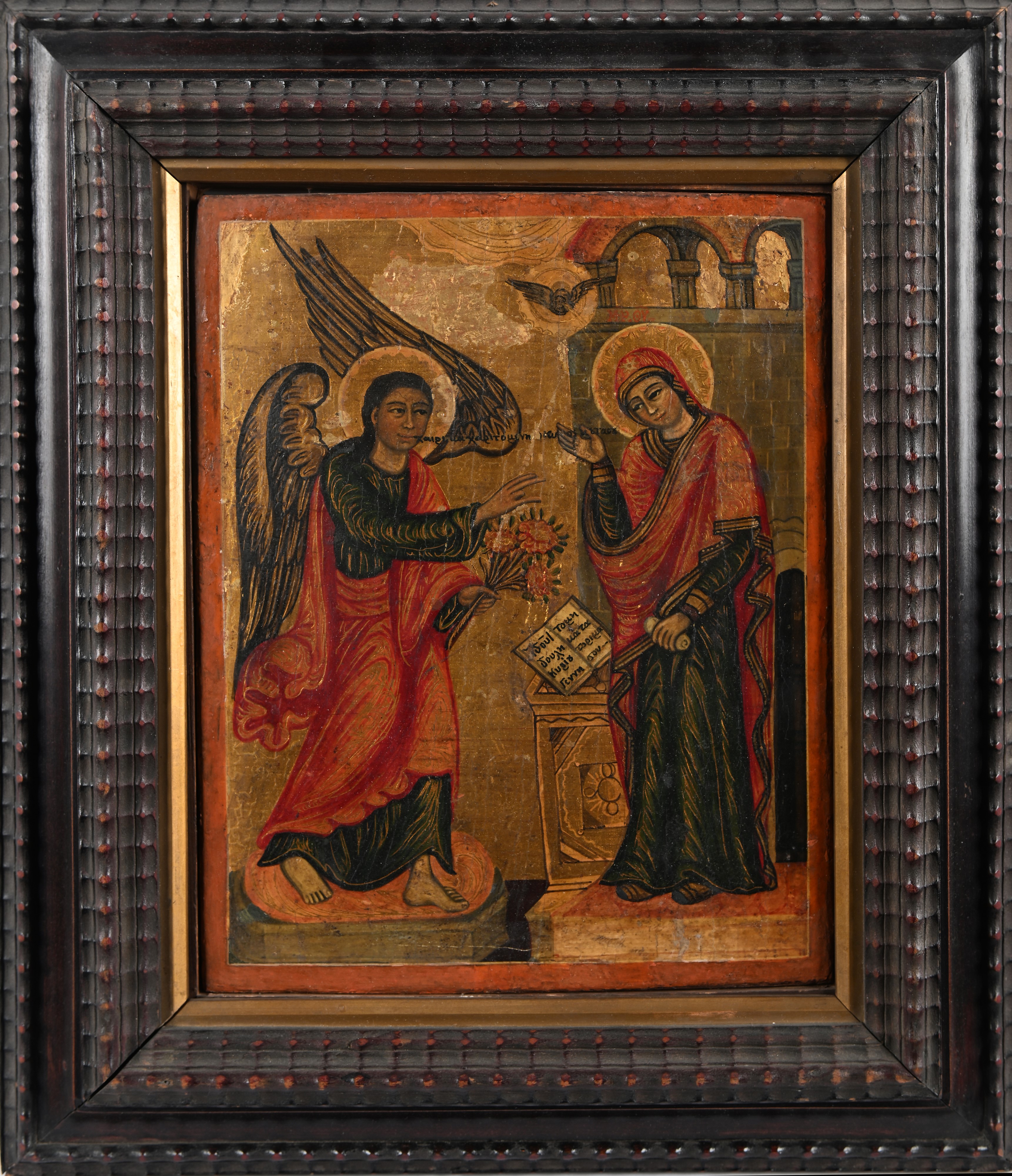 Scuola Bizantina del XVIII Secolo - A) Battesimo di Cristo B) Annunciazione Coppia di Oli su Tavo...