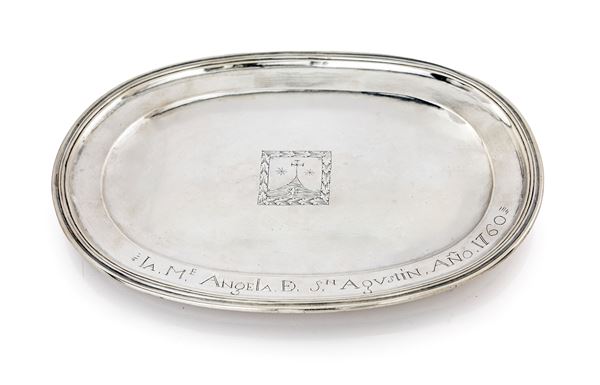 Piattino ovale con dedica incisa e data 1760
