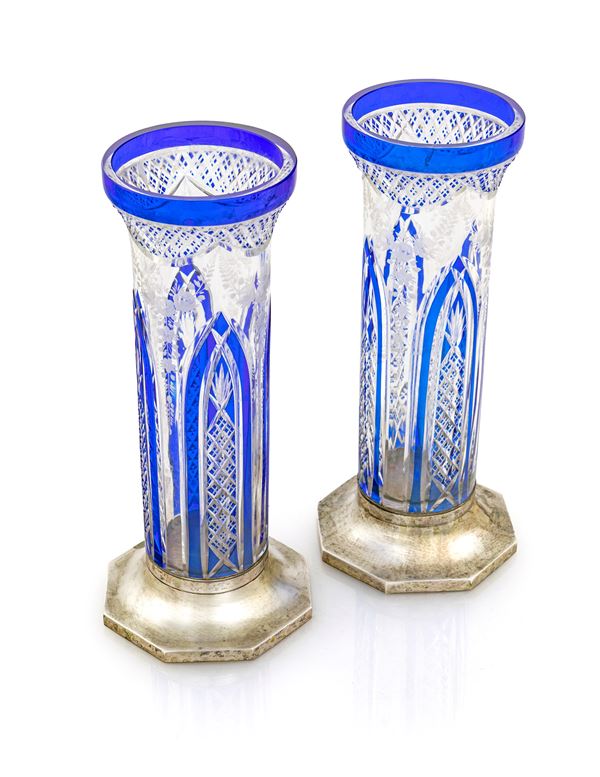 Coppia di vasi in cristallo di boemia base ottagonale