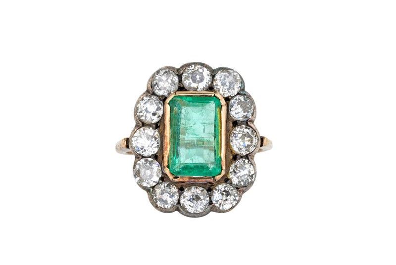 Anello in Argento e Oro Rosso con Smeraldo e Diamanti