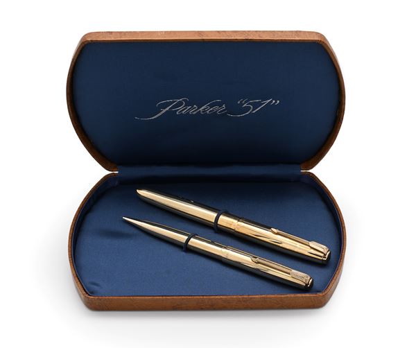 Parker 51 - Penna stilografica e Porta mine in metallo placcato oro giallo 14 Kt