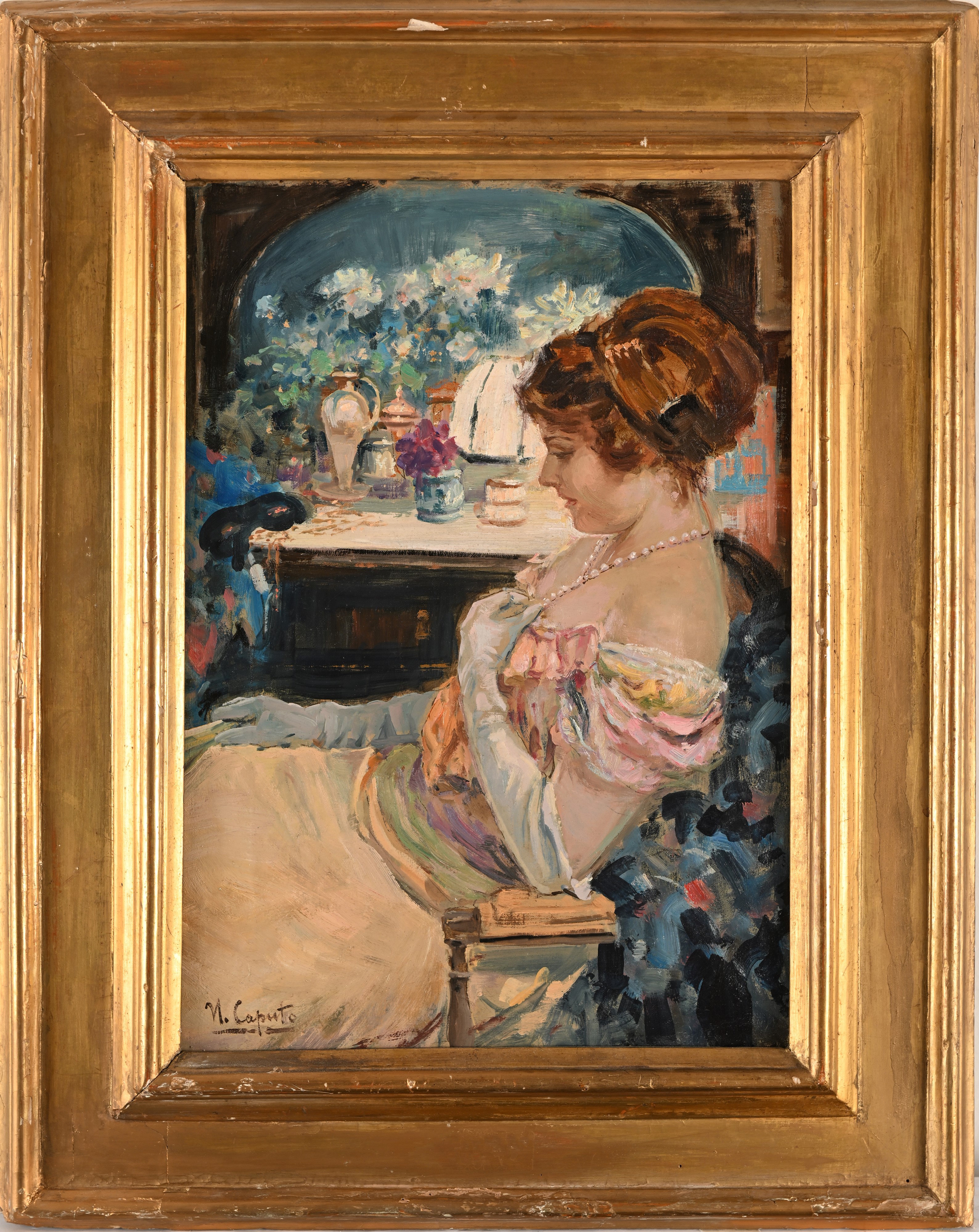 Ulisse Caputo - Dopo il Ballo - Ritratto di Signora in Rosa