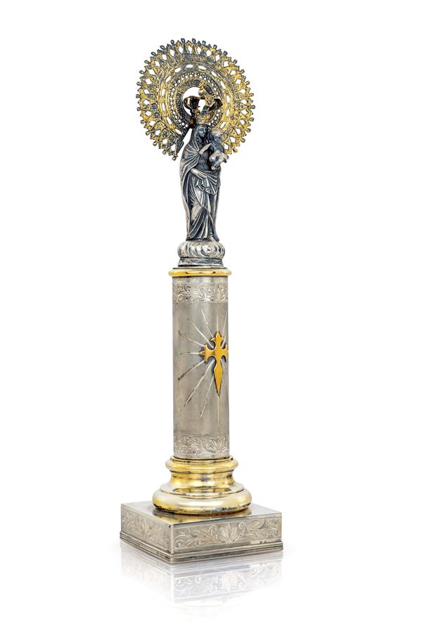 Madonna col Bambino (Nostra Signora del Pilar) in argento e metallo argentato, Spagna, XX secolo