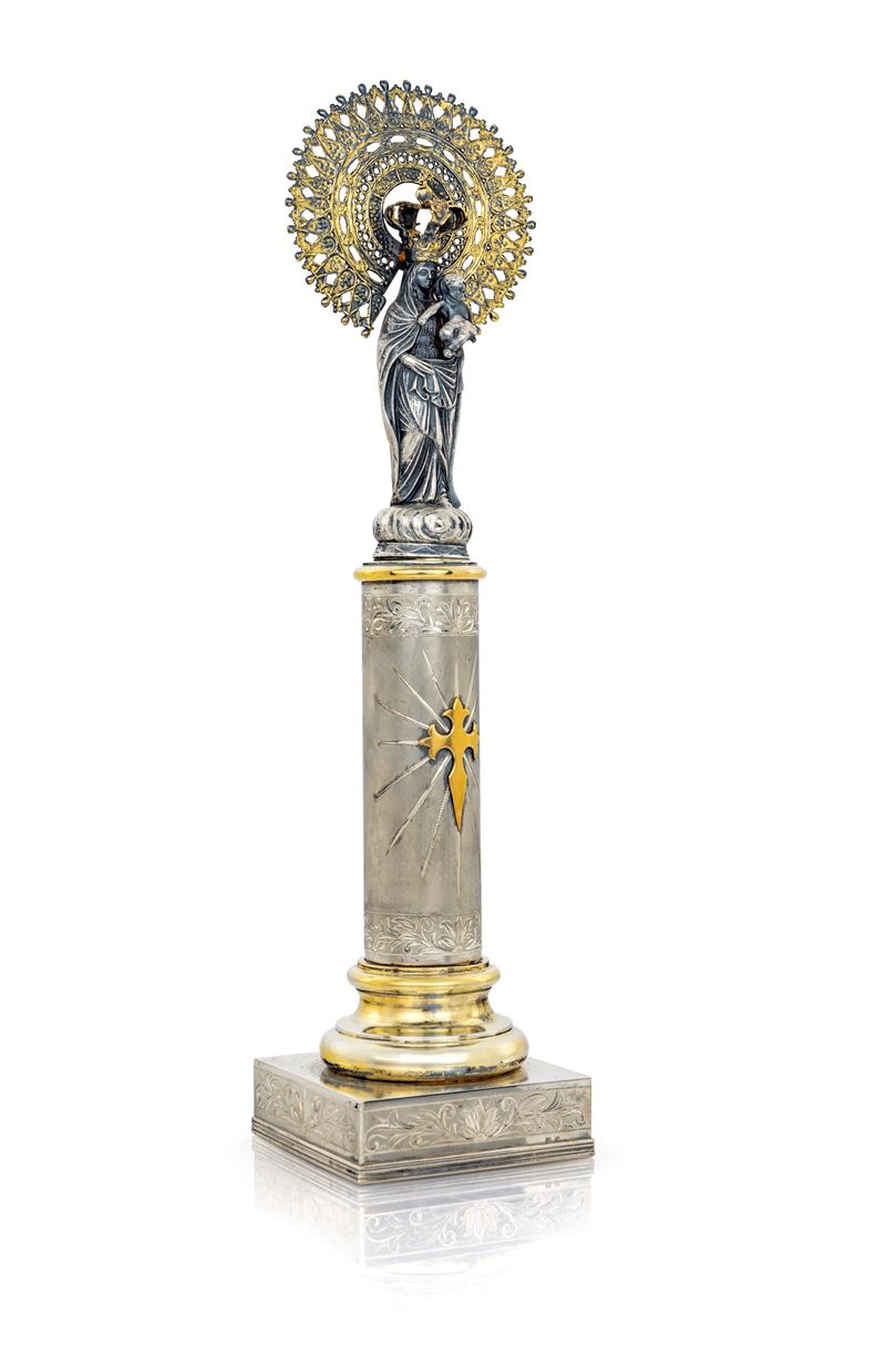 Madonna Col Bambino (nostra Signora del Pilar) in Argento e Metallo Argentato, Spagna, XX Secolo