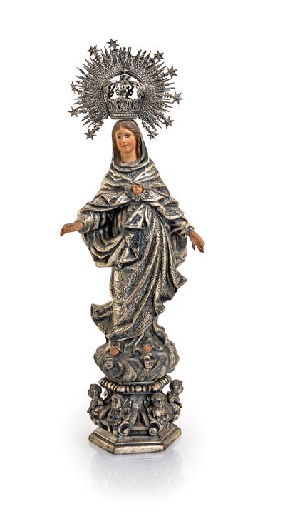 Vergine Immacolata in Metallo Patinato e Dipinto