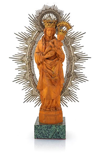 Madonna Col Bambino (vergine del Pilar) in Legno e Metallo Argentato
