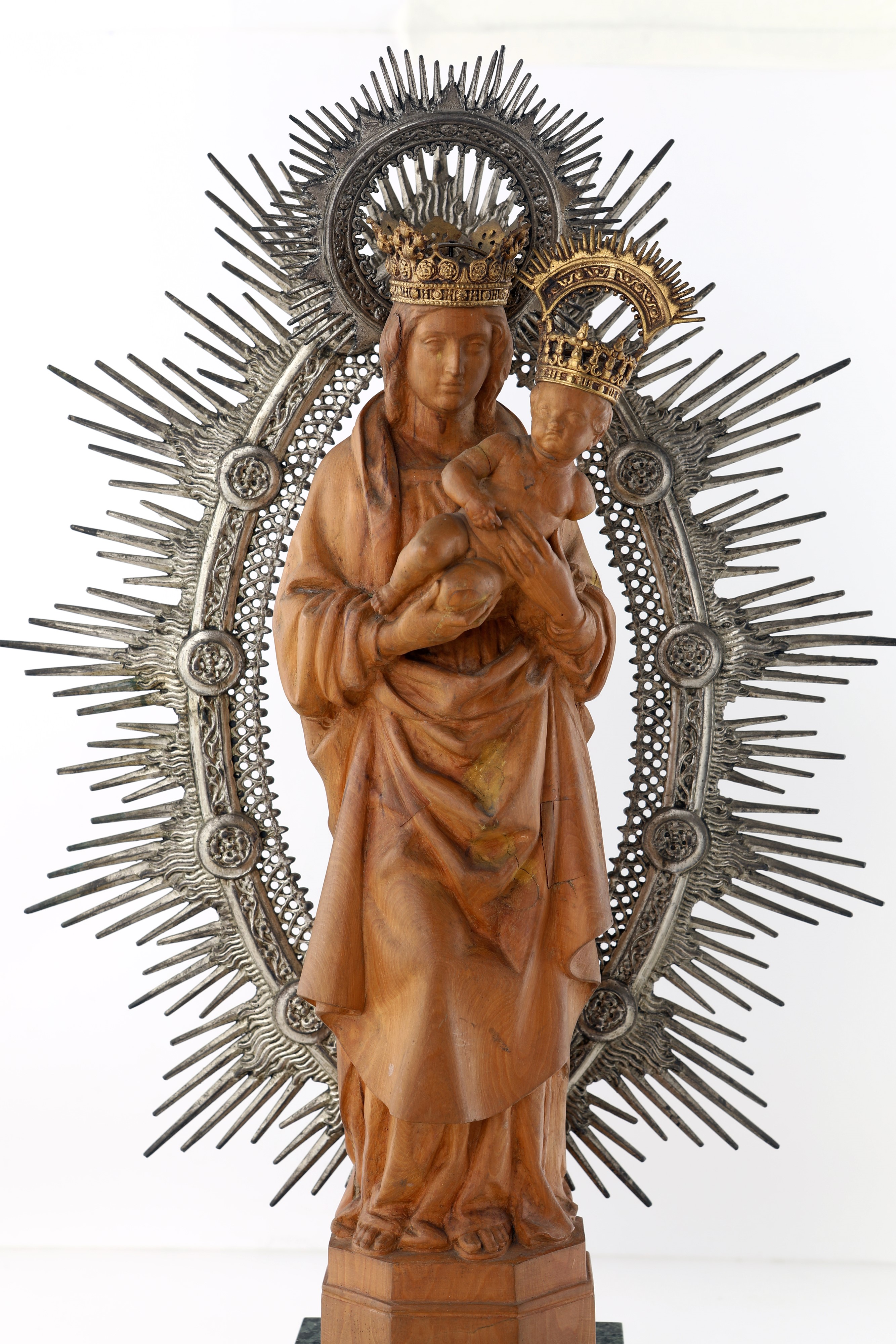 Madonna Col Bambino (vergine del Pilar) in Legno e Metallo Argentato