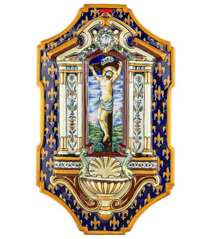 Acquasantiera in Ceramica Policroma, Gien, Francia, XX Secolo