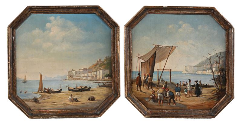 Pittore del XIX Secolo - Marina con Pescatore