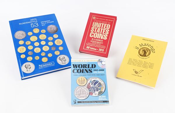 Lotto pubblicazioni numismatica: Alberto Varesi Il Marengo edizione 2006-7; CD Rom Standard Catalog of Word Coins 2013; Yeoman A Guide Book of United States Coins 66th Edition 2013; Catalogo Nomisma Asta 53 20/21 Ottobre 2015