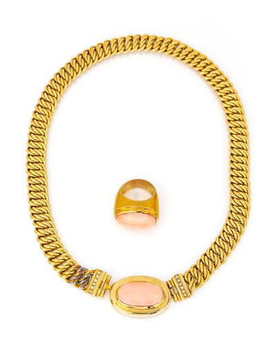 Parure di Girocollo e Anello in Oro, Corallo e Brillanti
