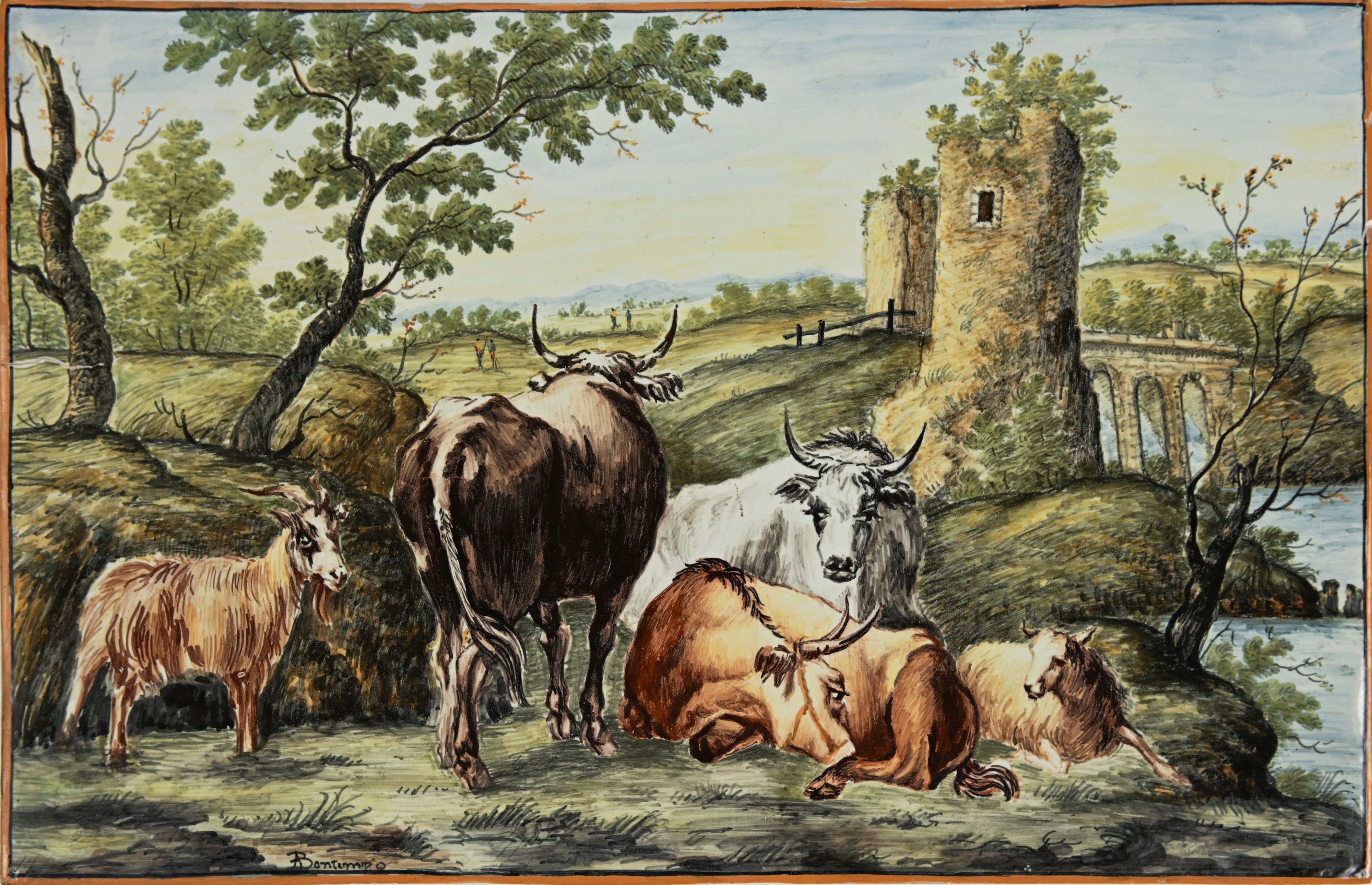 Placca rettangolare in ceramica policroma, manifattura di Bontempo, Castelli, metà del XX secolo