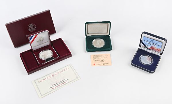 Lotto 3 monete in argento: 10.000 Lire 1994 FDC Repubblica Italiana; 1 Dollaro 1995 Proof USA; 20 Dollari 1988 Proof Canada