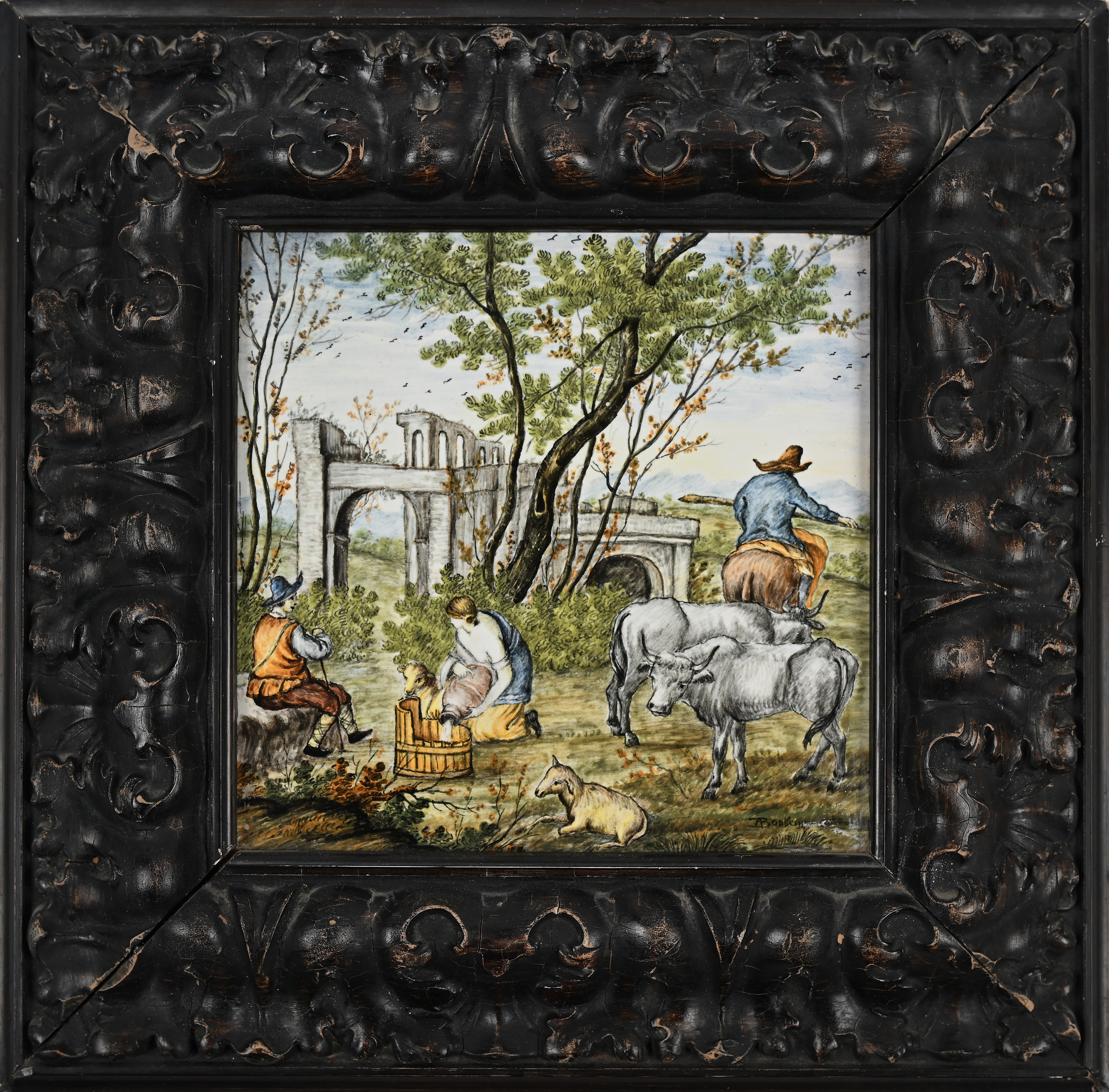 Mattonella quadrangolare in ceramica policroma, manifattura di Bontempo, Castelli, XX secolo